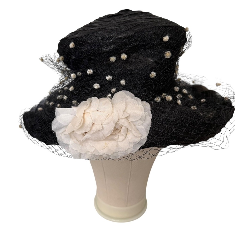 Vintage Eric Javits Black Mesh Birdcage Veil Hat with Cream Flower and Pom-Poms - Picture 1 of 8